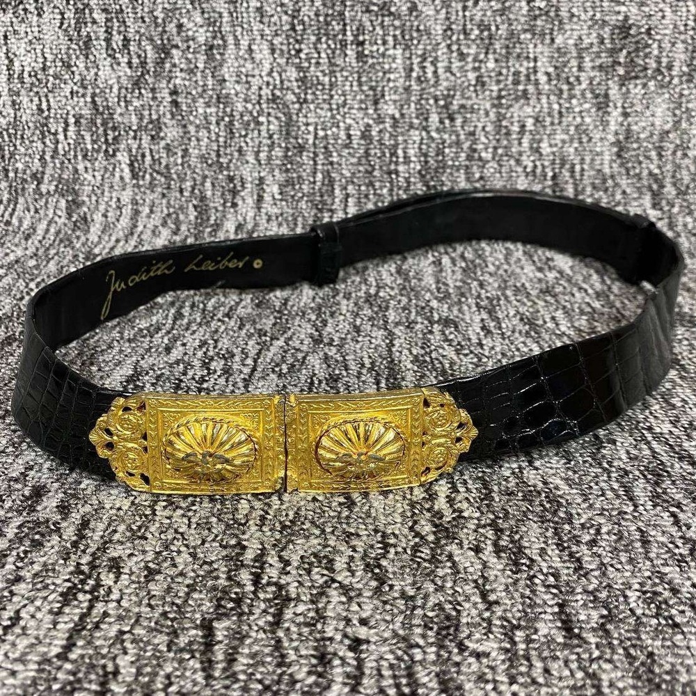Judith Leiber Crocodile Belt Womens Large Black Gold Ornate Eagle Buckle Vintage
